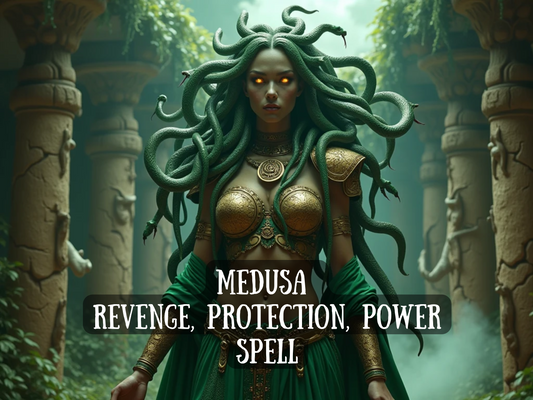 Mystical Medusa figure with glowing eyes and serpent hair, standing in ancient ruins, representing the “Medusa Revenge, Protection, Power Spell.” This powerful spell channels Medusa’s legendary strength to deliver fierce protection, vengeance against enemies, and empowerment in personal battles. Ideal for those seeking defense, justice, and unstoppable energy, this ritual invokes ancient goddess power to shield, strike back, and command authority.