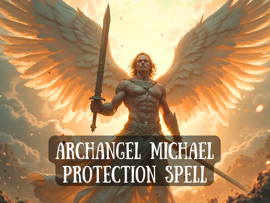A radiant, muscular angel with glowing white wings and golden armour stands powerfully amid swirling clouds and divine light. He holds a glowing sword, exuding strength and celestial authority. His expression is fierce yet protective, symbolising divine intervention and spiritual shielding. Text overlay reads: “ARCHANGEL MICHAEL PROTECTION SPELL.” The image evokes a sense of safety, divine justice, and powerful spiritual guardianship.