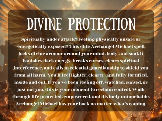 A powerful angel with wide, glowing wings stands in golden light, radiating divine energy. He wears ornate golden armour and holds a blazing sword, surrounded by embers and protective flames. His presence feels protective, holy, and invincible. The background shows a fiery celestial sky. Overlay text reads: “DIVINE PROTECTION.” This image conveys strength, safety, spiritual guardianship, and the unshakable presence of Archangel Michael.