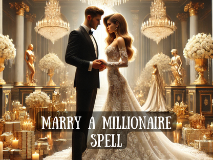 Marry a Millionaire spell image showing a glamorous bride and groom in a golden palace wedding scene. The bride wears an opulent lace gown, the groom in a tuxedo, surrounded by chandeliers, statues, roses, candles, and piles of gold and money. Symbol of luxury marriage, wealth attraction, rich partner manifestation, and elite love spell.