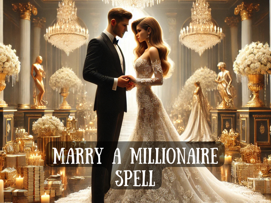 Marry a Millionaire spell image showing a glamorous bride and groom in a golden palace wedding scene. The bride wears an opulent lace gown, the groom in a tuxedo, surrounded by chandeliers, statues, roses, candles, and piles of gold and money. Symbol of luxury marriage, wealth attraction, rich partner manifestation, and elite love spell.