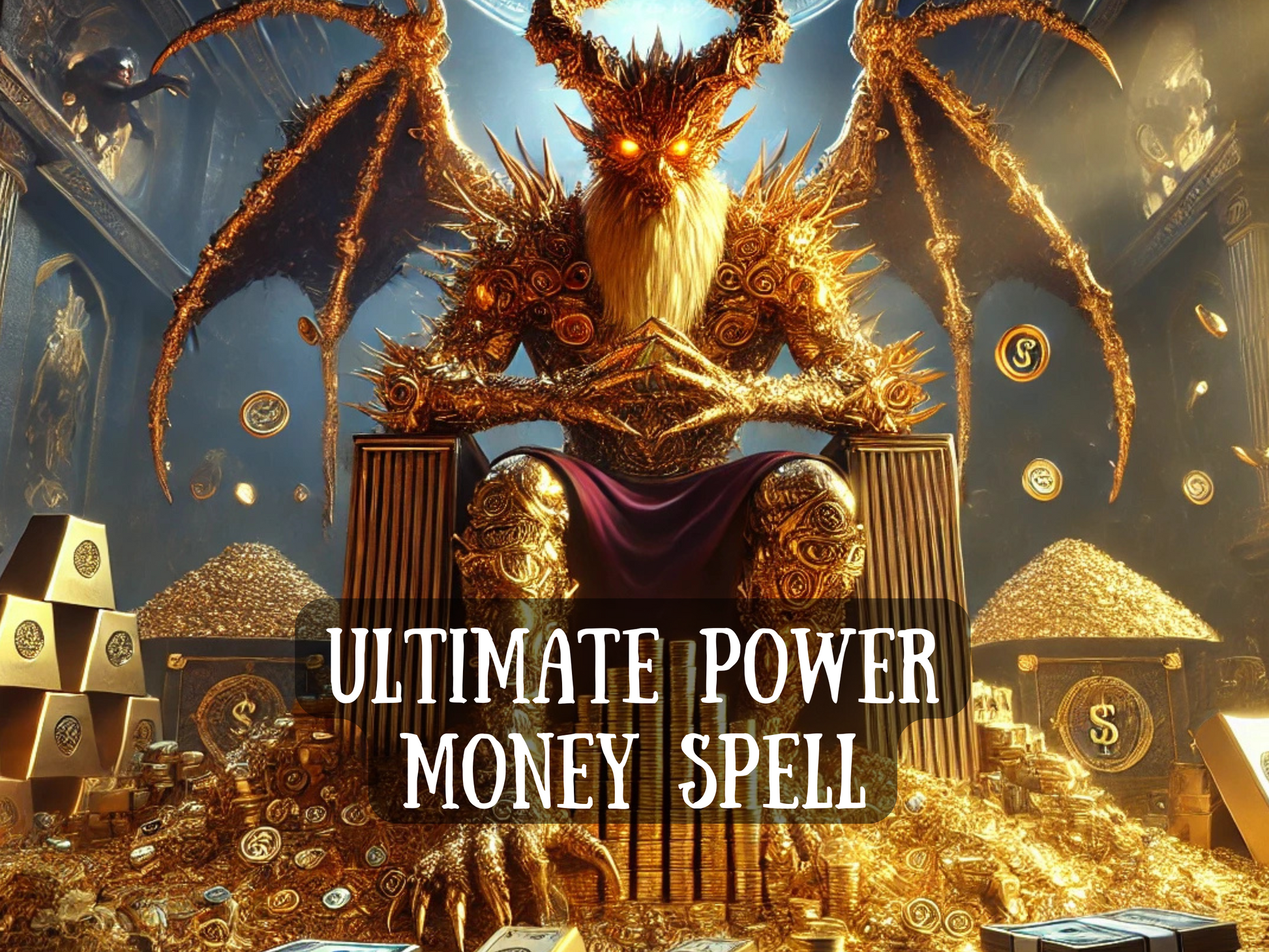 Ultimate Power Money Spell artwork showing a golden demonic figure seated on a throne surrounded by mountains of gold, coins, and wealth. This money spell channels ultimate power, financial success, abundance, and prosperity attraction. Designed to manifest riches, fortune, and luxury, it draws wealth energy and opens doors to unlimited money flow, business growth, and unstoppable financial opportunity, making you a magnet for wealth and power.