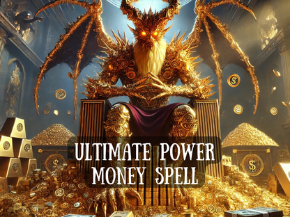 Ultimate Power Money Spell artwork showing a golden demonic figure seated on a throne surrounded by mountains of gold, coins, and wealth. This money spell channels ultimate power, financial success, abundance, and prosperity attraction. Designed to manifest riches, fortune, and luxury, it draws wealth energy and opens doors to unlimited money flow, business growth, and unstoppable financial opportunity, making you a magnet for wealth and power.