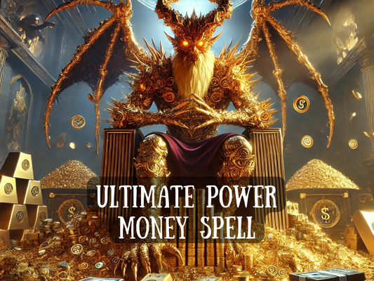 Ultimate Power Money Spell artwork showing a golden demonic figure seated on a throne surrounded by mountains of gold, coins, and wealth. This money spell channels ultimate power, financial success, abundance, and prosperity attraction. Designed to manifest riches, fortune, and luxury, it draws wealth energy and opens doors to unlimited money flow, business growth, and unstoppable financial opportunity, making you a magnet for wealth and power.
