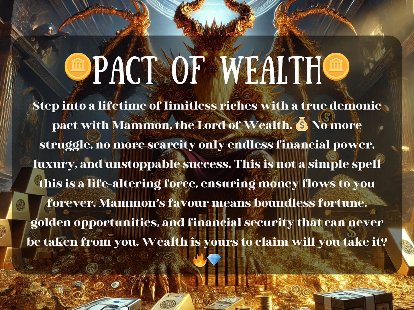 Pact of Wealth spell image featuring Mammon, the Lord of Wealth, seated on a golden throne surrounded by treasure, coins, and luxury. This wealth spell channels limitless financial power, fortune, prosperity, and luxury living. Designed to remove scarcity and struggle, it unlocks boundless opportunities, golden success, financial security, and unstoppable money flow. A demonic pact of riches ensuring abundance, prosperity, and wealth attraction forever.