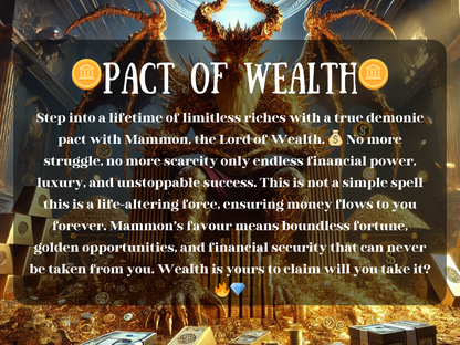 Pact of Wealth spell image featuring Mammon, the Lord of Wealth, seated on a golden throne surrounded by treasure, coins, and luxury. This wealth spell channels limitless financial power, fortune, prosperity, and luxury living. Designed to remove scarcity and struggle, it unlocks boundless opportunities, golden success, financial security, and unstoppable money flow. A demonic pact of riches ensuring abundance, prosperity, and wealth attraction forever.