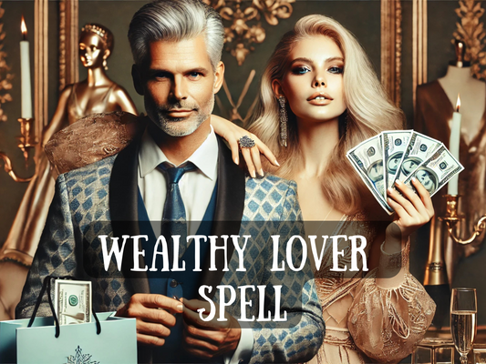 Wealthy Lover Spell image featuring a glamorous blonde woman holding cash and a distinguished silver-haired man in a luxury suit, symbolizing attraction to wealth, status, and financial abundance. This powerful spell is designed to manifest a rich partner, luxury lifestyle, prosperity, and romantic security. Surrounded by elegance, gold decor, and symbols of wealth, this spell enhances love, money, success, and high-value relationships.