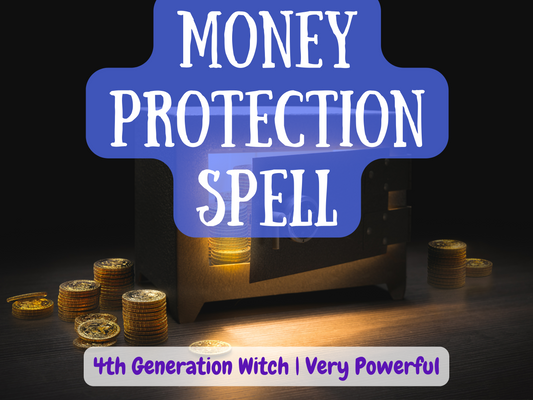 “Money Protection Spell” image featuring stacks of glowing gold coins and a secure treasure chest illuminated in golden light. This spell shields wealth, protects financial stability, and defends money from loss, theft, or bad energy. Powerful witchcraft ritual to safeguard abundance, secure savings, and ensure lasting prosperity. Designed for those who want to keep wealth safe while attracting more financial growth and long-term security with strong protective magick.