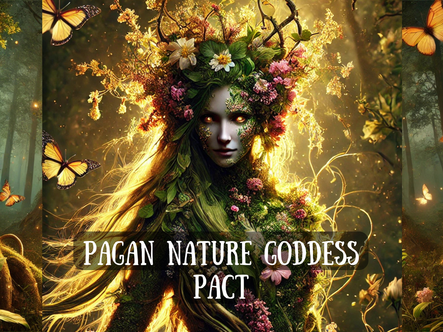 Pagan Nature Goddess Pact” artwork featuring a mystical forest goddess with glowing golden eyes, her form entwined with flowers, leaves, and vines. Radiant golden light shines through her hair as butterflies surround her in a lush enchanted woodland. This image represents deep connection to earth energy, fertility, renewal, and the ancient power of nature. Perfect for Shopify listings focused on pagan pacts, goddess worship, spiritual awakening, earth magick, transformation, balance, and natural harmony.