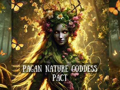 Pagan Nature Goddess Pact” artwork featuring a mystical forest goddess with glowing golden eyes, her form entwined with flowers, leaves, and vines. Radiant golden light shines through her hair as butterflies surround her in a lush enchanted woodland. This image represents deep connection to earth energy, fertility, renewal, and the ancient power of nature. Perfect for Shopify listings focused on pagan pacts, goddess worship, spiritual awakening, earth magick, transformation, balance, and natural harmony.