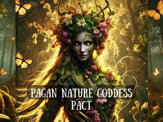 Pagan Nature Goddess Pact” artwork featuring a mystical forest goddess with glowing golden eyes, her form entwined with flowers, leaves, and vines. Radiant golden light shines through her hair as butterflies surround her in a lush enchanted woodland. This image represents deep connection to earth energy, fertility, renewal, and the ancient power of nature. Perfect for Shopify listings focused on pagan pacts, goddess worship, spiritual awakening, earth magick, transformation, balance, and natural harmony.