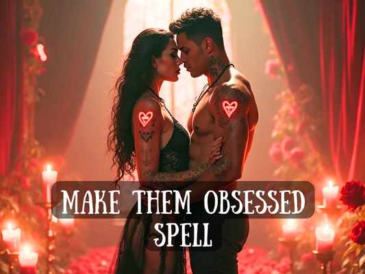 A sensual couple stands face-to-face in a candlelit room draped with red curtains and roses. The woman, in sheer black lingerie, presses against the shirtless man as they gaze intensely into each other’s eyes. Glowing red heart tattoos appear on both their arms, symbolising magical connection and obsession. The room glows with romantic, sultry energy, surrounded by red candles and rose petals. “Make Them Obsessed Spell,” suggesting deep desire and irresistible attraction.