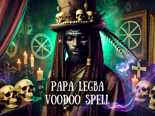 Powerful mystical artwork of the Papa Legba Voodoo Spell, featuring a man with painted face, skull-adorned top hat, and ritual beads standing in a candlelit temple with skulls, crosses, and voodoo symbols. Surrounded by smoke and spiritual energy, Papa Legba is depicted as the gatekeeper between worlds, summoning ancestral spirits, unlocking hidden pathways, and granting protection, wisdom, and supernatural power through sacred voodoo ritual magick.