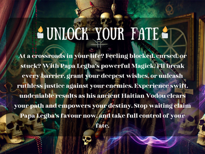 Mystical Papa Legba Voodoo Spell with text overlay "Unlock Your Fate," showing a powerful voodoo priest in ritual attire with skulls, candles, beads, feathers, and Haitian Vodou symbols glowing in the background. This spiritual spell image highlights Papa Legba’s ancient magick for breaking curses, removing blocks, granting wishes, justice, protection, and destiny empowerment through powerful crossroads rituals and ancestral energy.