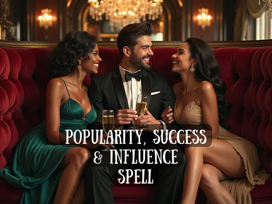 Luxurious scene of a confident man in a tuxedo seated on a velvet sofa, holding champagne with two glamorous women in elegant gowns, laughing and admiring him. Golden chandeliers glow in the background, symbolizing wealth, charm, and influence. The image text reads “Popularity, Success & Influence Spell,” representing attraction, power, and magnetic energy. This design embodies luxury, social rise, and manifestation rituals for fame, respect, admiration, and irresistible influence.
