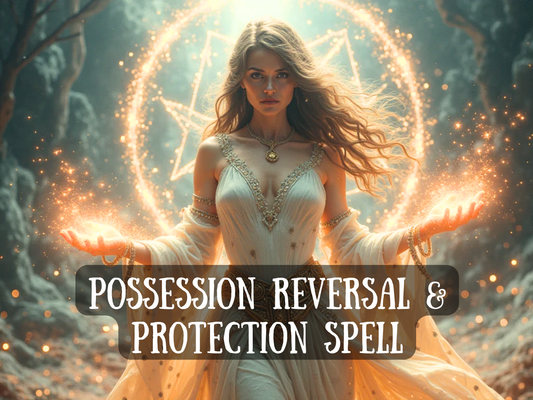 Mystical artwork of a glowing sorceress in a flowing white gown, standing in a dark enchanted forest with golden sparks of light radiating from her hands. Behind her glows a powerful pentagram of protection, symbolizing banishment, safety, and spiritual defense. The text on the image reads “Possession Reversal & Protection Spell,” highlighting energy cleansing, spirit removal, and safeguarding rituals. This image conveys divine strength, light magic, and protective witchcraft, ideal for those seeking revers