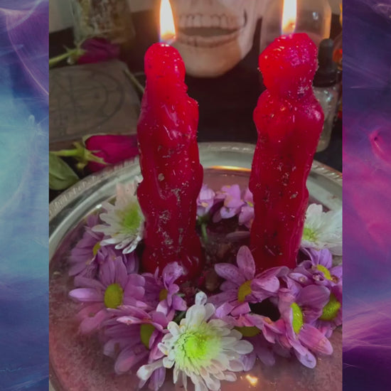 Video showcasing authentic spellwork rituals with burning candles, skull candles, red figure candles, black binding candles, and floral offerings. Flames rise over decorated plates filled with herbs, flowers, and pins, symbolizing love magick, protection, curses, revenge, and energy work. Each clip highlights raw spell casting power—rituals for attraction, destruction, manifestation, and enemy downfall. Perfect for Shopify listings focused on spiritual services, dark magick, transformation, and powerful res