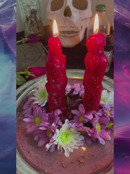 Video showcasing authentic spellwork rituals with burning candles, skull candles, red figure candles, black binding candles, and floral offerings. Flames rise over decorated plates filled with herbs, flowers, and pins, symbolizing love magick, protection, curses, revenge, and energy work. Each clip highlights raw spell casting power—rituals for attraction, destruction, manifestation, and enemy downfall. Perfect for Shopify listings focused on spiritual services, dark magick, transformation, and powerful res