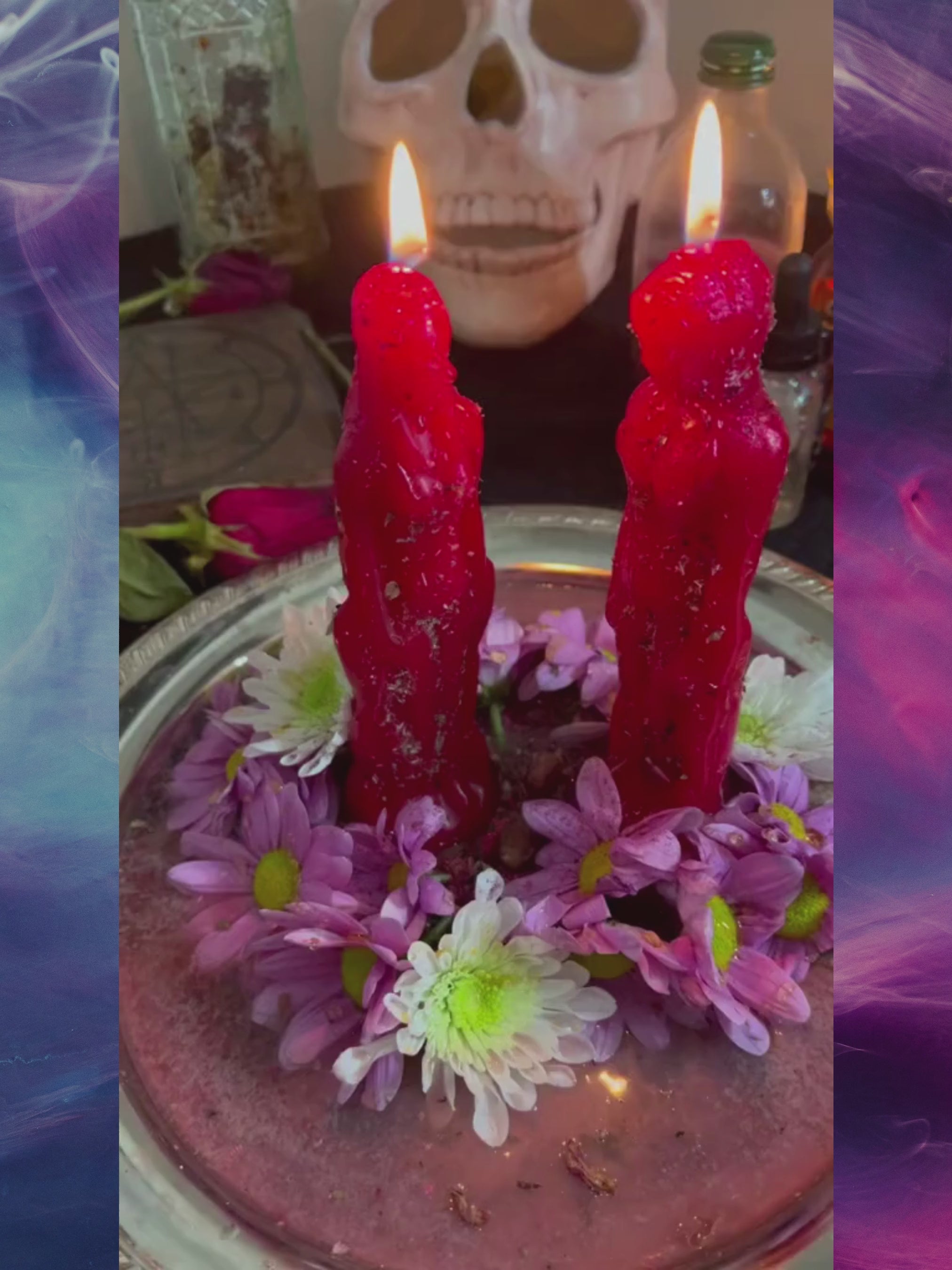 Video showcasing authentic spellwork rituals with burning candles, skull candles, red figure candles, black binding candles, and floral offerings. Flames rise over decorated plates filled with herbs, flowers, and pins, symbolizing love magick, protection, curses, revenge, and energy work. Each clip highlights raw spell casting power—rituals for attraction, destruction, manifestation, and enemy downfall. Perfect for Shopify listings focused on spiritual services, dark magick, transformation, and powerful res