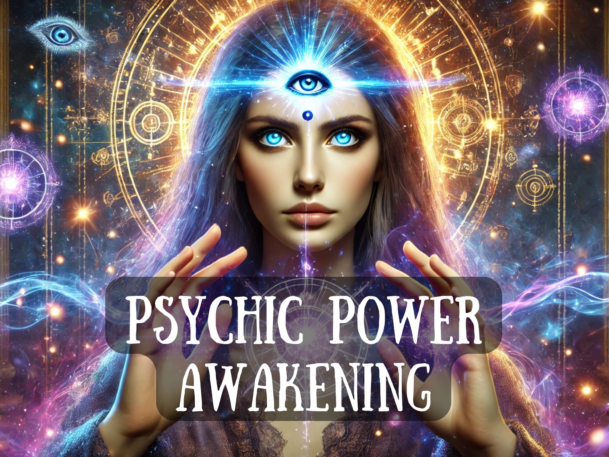 Psychic Power Awakening – stunning mystical artwork of a woman with glowing blue eyes and an illuminated third eye on her forehead, radiating cosmic light and surrounded by golden sacred geometry, stars, and energy waves. This spell image represents third eye activation, psychic awakening, intuition enhancement, spiritual growth, and divination mastery. Ideal for rituals to unlock hidden abilities, heighten awareness, and connect with higher realms of wisdom and unseen energies.
