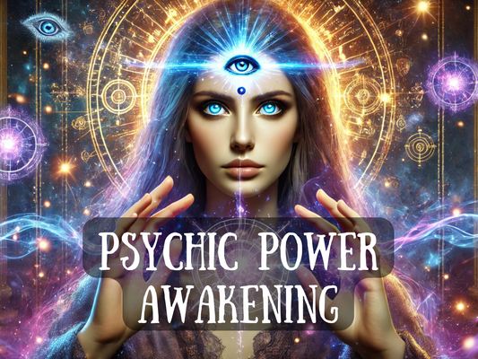 Psychic Power Awakening – stunning mystical artwork of a woman with glowing blue eyes and an illuminated third eye on her forehead, radiating cosmic light and surrounded by golden sacred geometry, stars, and energy waves. This spell image represents third eye activation, psychic awakening, intuition enhancement, spiritual growth, and divination mastery. Ideal for rituals to unlock hidden abilities, heighten awareness, and connect with higher realms of wisdom and unseen energies.