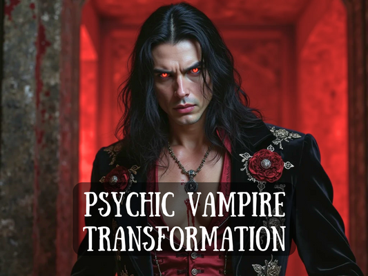 Image titled "Psychic Vampire Transformation" featuring a seductive, intense male vampire with glowing red eyes and long black hair, dressed in a dark embroidered velvet jacket adorned with red roses. He stands in a blood-red hallway, radiating hunger, power, and supernatural dominance. This spell unlocks vampiric psychic energy, enhancing seduction, intuition, energy feeding, and mental control. It’s a full transformation—awakening primal charm and supernatural prowess from the shadows.