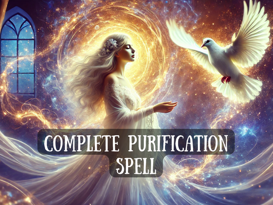 Complete Purification Spell image showing a radiant goddess-like woman in flowing white surrounded by glowing golden energy, with a white dove symbolizing peace and cleansing. This spiritual ritual removes negative energy, curses, and emotional blockages, restoring balance, harmony, and divine protection. Perfect for renewal, healing, inner peace, aura cleansing, and complete spiritual purification to attract positivity and light.