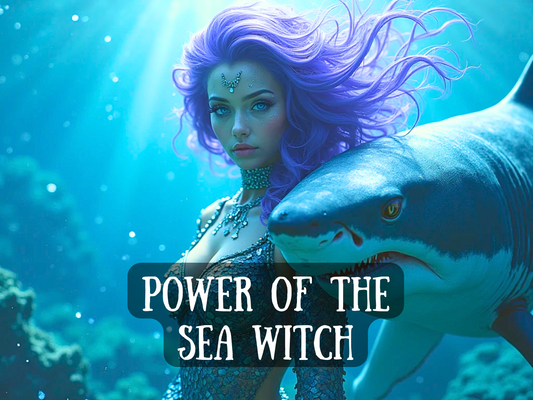 “Power of the Sea Witch” spell image featuring a mystical sea witch with flowing purple hair, jeweled crown, and shimmering scales, swimming beside a shark in deep blue ocean light. This spell channels oceanic power, sea witchcraft, and water magick to grant strength, protection, influence, and control over emotions, love, and destiny. A rare pact with the forces of the sea, unlocking ancient wisdom, deep transformation, and unstoppable energy flowing like the tides.