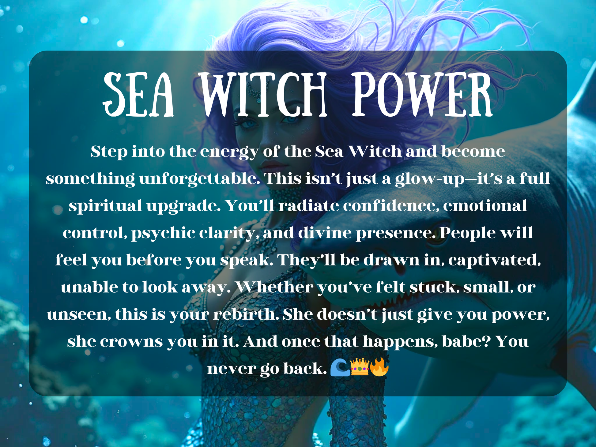 “Sea Witch Power” spell image showing a mystical sea witch with flowing purple hair and shimmering scales beside a shark in radiant blue ocean light. This spell channels ocean magick, water witchcraft, and divine feminine energy to bring confidence, emotional control, psychic clarity, and spiritual rebirth. A transformation ritual that radiates power, crowns you in presence, and makes you unforgettable, captivating everyone around you like the tides of the sea.