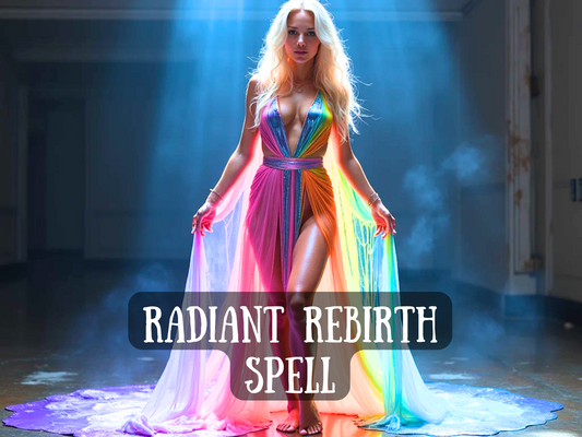 A stunning woman with long blonde hair stands confidently in a beam of glowing blue light. She wears a flowing rainbow-hued gown that sparkles and cascades to the floor like energy made visible. Mist swirls around her feet, giving the scene an ethereal, magical vibe. Her posture is powerful and goddess-like, as if she’s just stepped into her new self. Overlay text reads: “RADIANT REBIRTH SPELL.” This image captures themes of transformation, empowerment, and vibrant new beginnings.