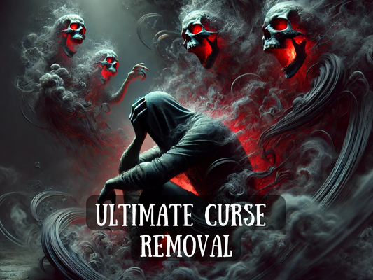 Hooded figure surrounded by glowing red skull spirits and dark smoke, representing ultimate curse removal and protection. This powerful image symbolizes breaking black magick, banishing hexes, reversing spells, and cleansing negative energy. Perfect for spellwork listings focused on removing curses, spiritual cleansing, energy healing, protection rituals, banishment, and restoring peace, balance, and freedom.
