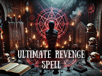 Dark ritual altar with candles, skulls, and ancient symbols glowing in red, showcasing the Ultimate Revenge Spell. A powerful curse casting image designed for justice, punishment, and retribution against enemies. Perfect for those seeking dark magic, hexes, baneful rituals, or revenge spells that return harm to the betrayer. Atmospheric witchcraft scene for protection, vengeance, and occult ritual energy.