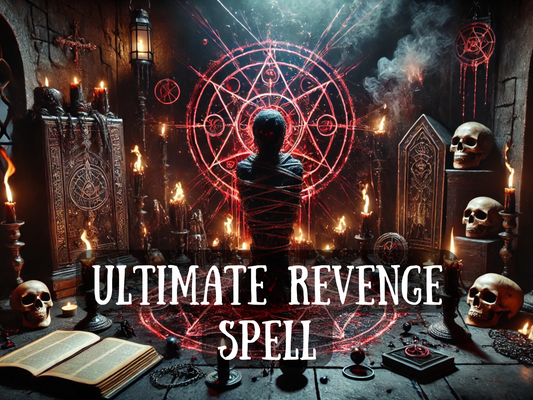 Dark ritual altar with candles, skulls, and ancient symbols glowing in red, showcasing the Ultimate Revenge Spell. A powerful curse casting image designed for justice, punishment, and retribution against enemies. Perfect for those seeking dark magic, hexes, baneful rituals, or revenge spells that return harm to the betrayer. Atmospheric witchcraft scene for protection, vengeance, and occult ritual energy.