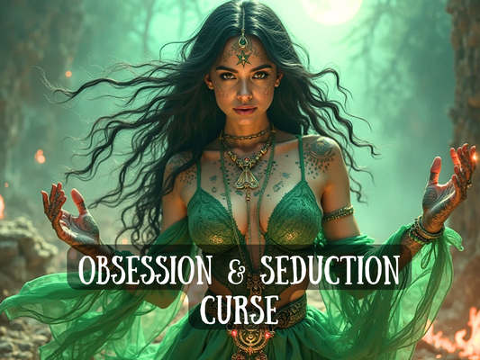 Mesmerising dark-haired witch in a flowing green outfit performs an obsession and seduction curse beneath the full moon in an enchanted forest. Her eyes burn with power as flames flicker around her and arcane symbols glow on her skin. Surrounded by ancient energy, she radiates irresistible allure and dark feminine magic. Perfect for spellcasting, obsession spells, seduction rituals, witchcraft art, and occult aesthetics.