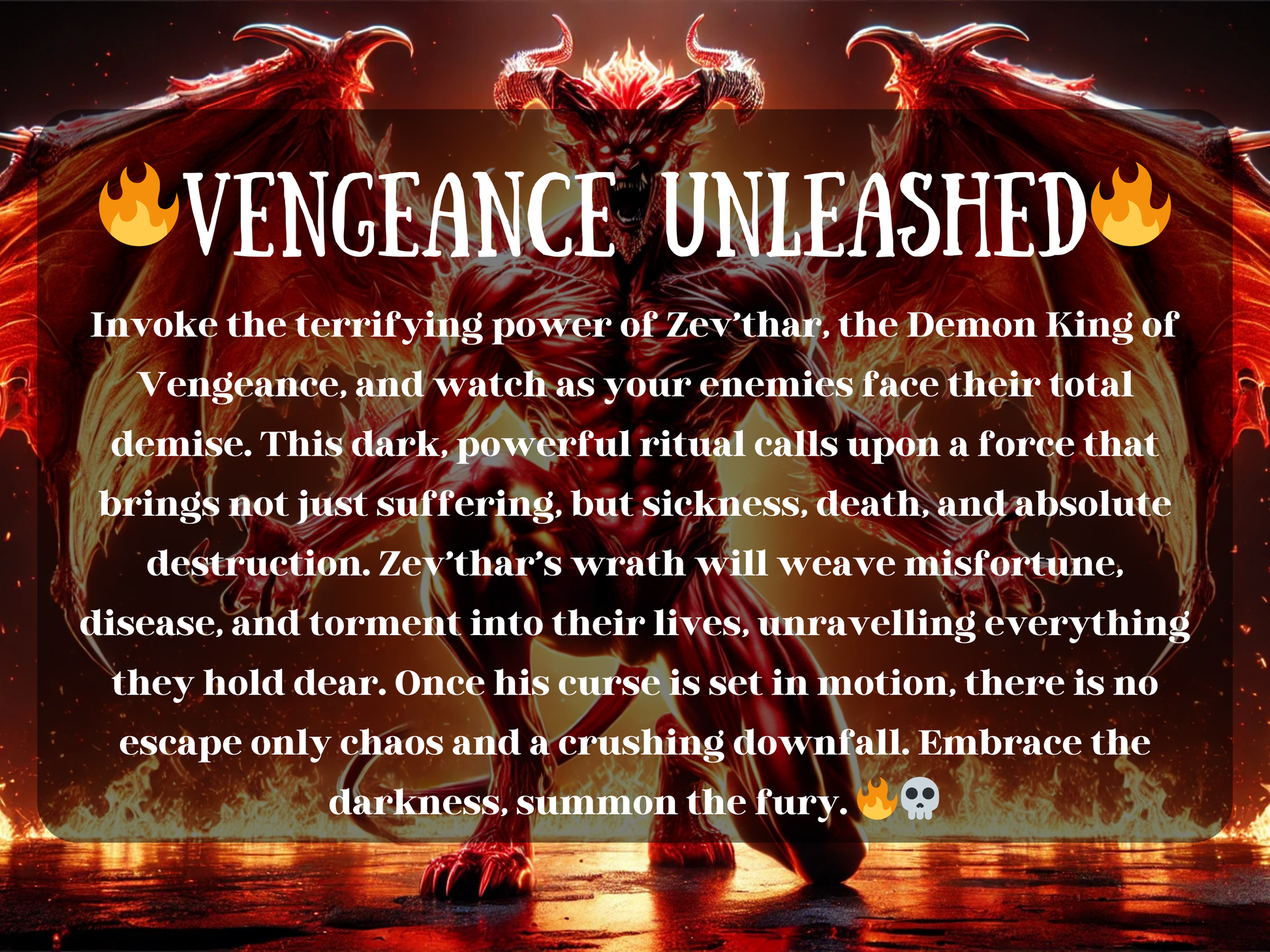 Vengeance Unleashed – dark fantasy artwork of a demonic king with massive wings, horns, and fire blazing behind him, symbolizing wrath and destruction. The text describes invoking Zev’thar, Demon King of Vengeance, to bring ruin, torment, misfortune, and downfall to enemies through powerful rituals. This spell image conveys dark magick, demonic summoning, and vengeance spells focused on unleashing chaos, punishment, and infernal power against those who have wronged you.