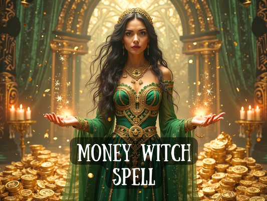 Enchanting artwork of a beautiful sorceress in an ornate green gown and golden jewelry, standing in a lavish temple surrounded by piles of glowing gold coins. Magic sparkles radiate from her hands, symbolizing wealth, power, and manifestation. Text on the image reads “Money Witch Spell,” highlighting prosperity magick, abundance rituals, and financial blessings. The scene embodies luxury, success, and witchcraft energy for attracting riches, fortune, and lasting financial growth.