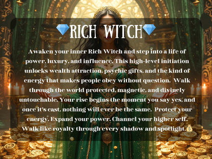 Mystical artwork of a regal sorceress in a green and gold gown standing in a temple filled with glowing coins and candlelight, radiating wealth and power. The image text reads “💎 Rich Witch 💎” with a description about awakening inner luxury, wealth attraction, psychic gifts, and divine protection. This design represents prosperity magick, influence, abundance rituals, and stepping into a life of power, fortune, and spiritual energy aligned with success and untouchable strength.