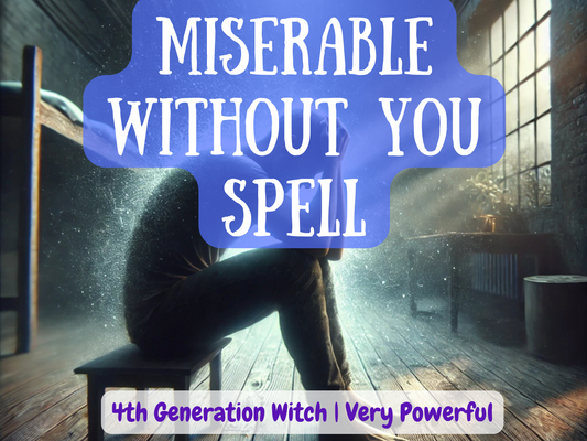 Dark atmospheric artwork of the Miserable Without You Spell, showing a lonely figure sitting in despair inside a dimly lit room with sunlight piercing through a dusty window. This powerful spell forces your target to feel regret, emptiness, and deep longing without you, making them miss your presence and crave reconciliation. Crafted by a 4th Generation Witch, it’s designed to awaken obsession, emotional need, and the unbearable pain of separation until they return.