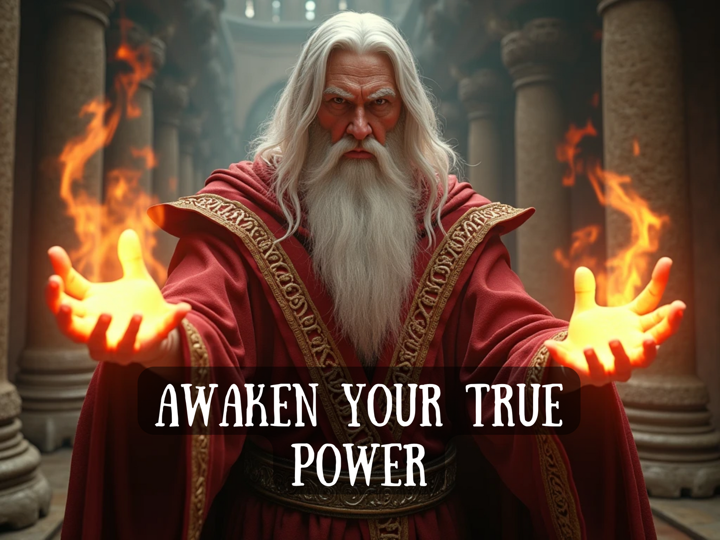 Awaken Your True Power spell image of a powerful wizard in red robes with glowing fire in his hands, standing in an ancient stone temple. Symbol of inner strength, magic awakening, spiritual mastery, energy activation, and unlocking hidden gifts. This ritual channels transformation, personal empowerment, and supernatural force for confidence, protection, and success.