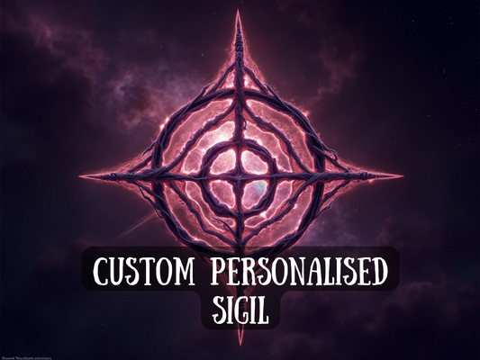 Mystical artwork of a glowing pink sigil floating in a cosmic night sky, formed of interwoven shapes with radiant energy at its center. The image text reads “Custom Personalised Sigil,” symbolizing unique magical designs created for manifestation, protection, empowerment, and spiritual alignment. This design highlights sacred geometry, cosmic power, and witchcraft energy, offering clients bespoke sigils tailored to their personal intentions, goals, and transformative rituals.