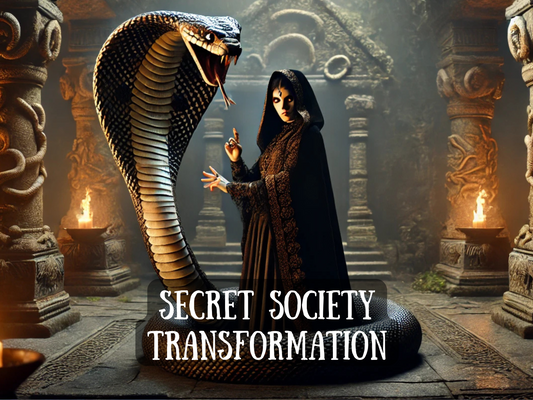 Mysterious ritual scene for the Secret Society Transformation Spell, featuring a hooded figure with glowing eyes standing beside a giant cobra inside an ancient temple with burning torches. This transformation spell represents hidden knowledge, power, and initiation into forbidden mysteries. The imagery of the serpent symbolizes wisdom, rebirth, and control, making this spell ideal for those seeking spiritual awakening, dominance, and secret occult transformation.