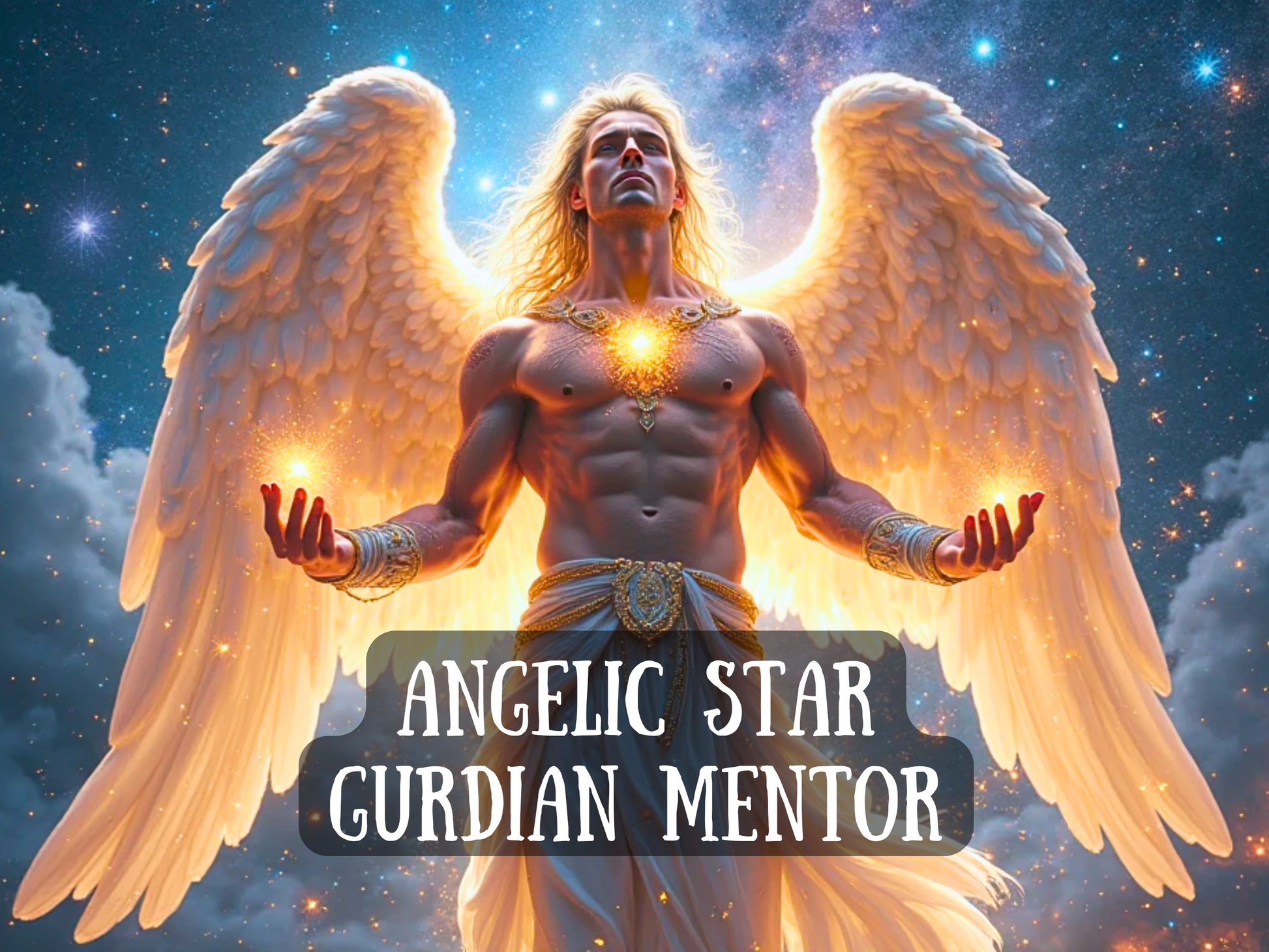Spell image titled 'Angelic Star Guardian Mentor' featuring a radiant, muscular angel with glowing white wings, flowing blond hair, and golden energy emanating from his chest and hands. Surrounded by stars and cosmic light, this divine being serves as a celestial mentor, guide, and protector. Ideal for Etsy listings offering angelic mentorship, divine guidance spells, spiritual ascension rituals, white magick, high-vibrational energy work, and connection to higher realms and wisdom.