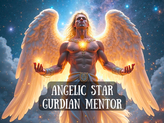 Spell image titled 'Angelic Star Guardian Mentor' featuring a radiant, muscular angel with glowing white wings, flowing blond hair, and golden energy emanating from his chest and hands. Surrounded by stars and cosmic light, this divine being serves as a celestial mentor, guide, and protector. Ideal for Etsy listings offering angelic mentorship, divine guidance spells, spiritual ascension rituals, white magick, high-vibrational energy work, and connection to higher realms and wisdom.