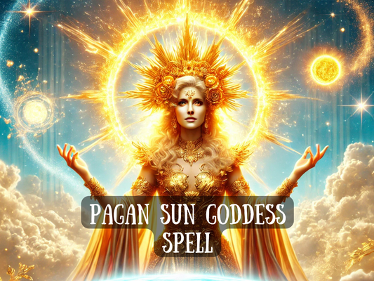 Radiant artwork of the Pagan Sun Goddess Spell, featuring a glowing divine goddess crowned in golden light, surrounded by solar flares, orbs, and cosmic energy. This powerful ritual channels the energy of the sun to ignite vitality, strength, abundance, and divine radiance. The goddess embodies illumination, success, and spiritual empowerment, symbolizing warmth, confidence, and unstoppable life force. Perfect for those seeking solar magick, divine blessings, and radiant transformation.
