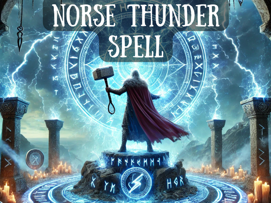 Norse Thunder Spell artwork featuring a powerful Norse god-like figure holding Thor’s hammer Mjolnir, standing on a stone altar surrounded by glowing blue runes, lightning bolts, and ancient symbols. The scene radiates storm energy, thunder power, and Viking magic, with pillars engraved with runes and candles illuminating the ritual circle. A spell of raw strength, protection, and unstoppable Norse energy, invoking thunder, storm magick, and divine force.