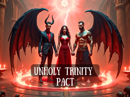 Dark fantasy ritual artwork of the Unholy Trinity Pact, Lucifer, Lilith, Asmodeus. A woman in a red dress stands between two demonic figures with black wings, horns, and glowing power, holding hands inside a flaming summoning circle. Text overlay reads “Unholy Trinity Pact.” Symbolic of invoking Lucifer, Lilith, and Asmodeus, this pact ritual represents forbidden magick, demonic empowerment, shadow transformation, lust, power, and spiritual awakening through infernal forces and sacred binding.