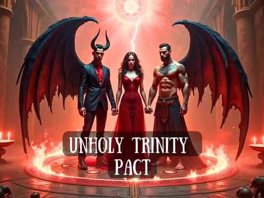 Dark fantasy ritual artwork of the Unholy Trinity Pact, Lucifer, Lilith, Asmodeus. A woman in a red dress stands between two demonic figures with black wings, horns, and glowing power, holding hands inside a flaming summoning circle. Text overlay reads “Unholy Trinity Pact.” Symbolic of invoking Lucifer, Lilith, and Asmodeus, this pact ritual represents forbidden magick, demonic empowerment, shadow transformation, lust, power, and spiritual awakening through infernal forces and sacred binding.