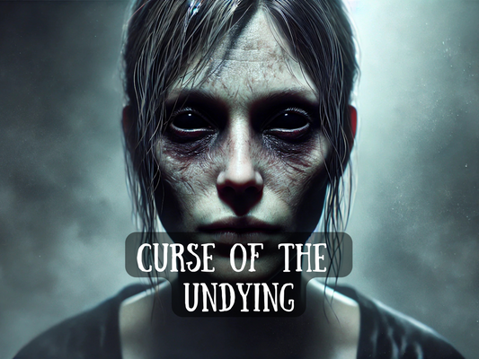 Curse of the Undying spell image showing a haunting, hollow-eyed figure with decayed, undead features radiating dread and dark power. This ritual invokes eternal torment, binding enemies in suffering that never ends. Perfect for those seeking revenge magick, hexes, and unstoppable curses that drain vitality, haunt dreams, and inflict misery without escape. A spell for domination, destruction, and ensuring your target feels the weight of the undying forever.