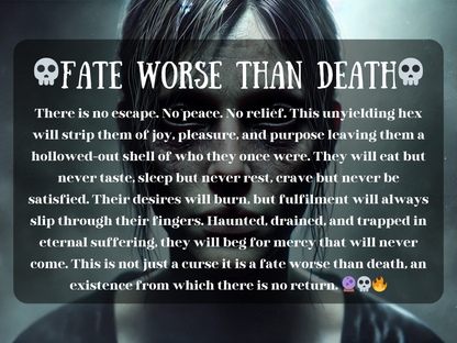Fate Worse Than Death curse spell image featuring a haunting undead figure with hollow black eyes, pale cracked skin, and an aura of eternal torment. This powerful hex strips victims of joy, rest, and fulfillment, leaving only endless suffering, despair, and emptiness. A dark ritual for revenge, binding enemies into misery without escape. Perfect for those seeking domination, destruction, and a punishment beyond death through ancient black magick.