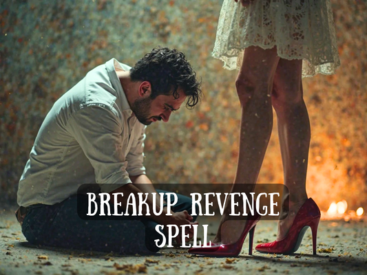A man kneels on the ground in emotional agony, clutching the leg of a woman standing in front of him in red high heels and a lacy white dress. His expression is filled with regret and heartbreak, while she remains poised and powerful. The dramatic lighting and scattered petals create an intense, cinematic atmosphere. Overlaid text reads: “BREAKUP REVENGE SPELL,” hinting at a potent ritual designed to make an ex feel the pain they caused—bringing guilt, longing, and regret